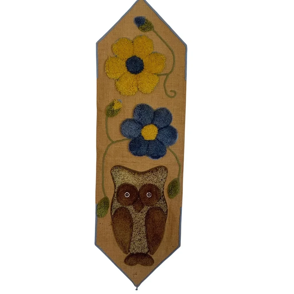 Owl Wall Hanging Vintage Punch‎ Needle Tufted Yarn Burlap Boho 70s Art 42x13